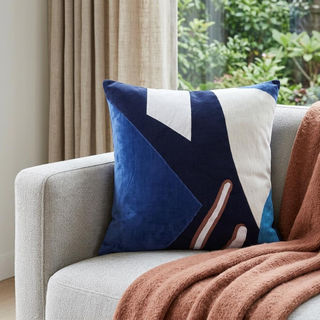 20" Cobalt Navy Blue And White Abstract Cotton Throw Pillow Cover - Home & Garden