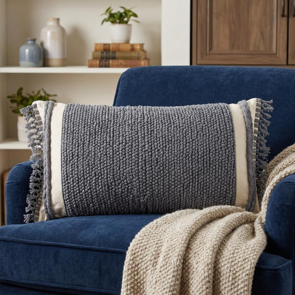 14" X 26" Gray And Off White Braided Cotton Throw Pillow - Home & Garden