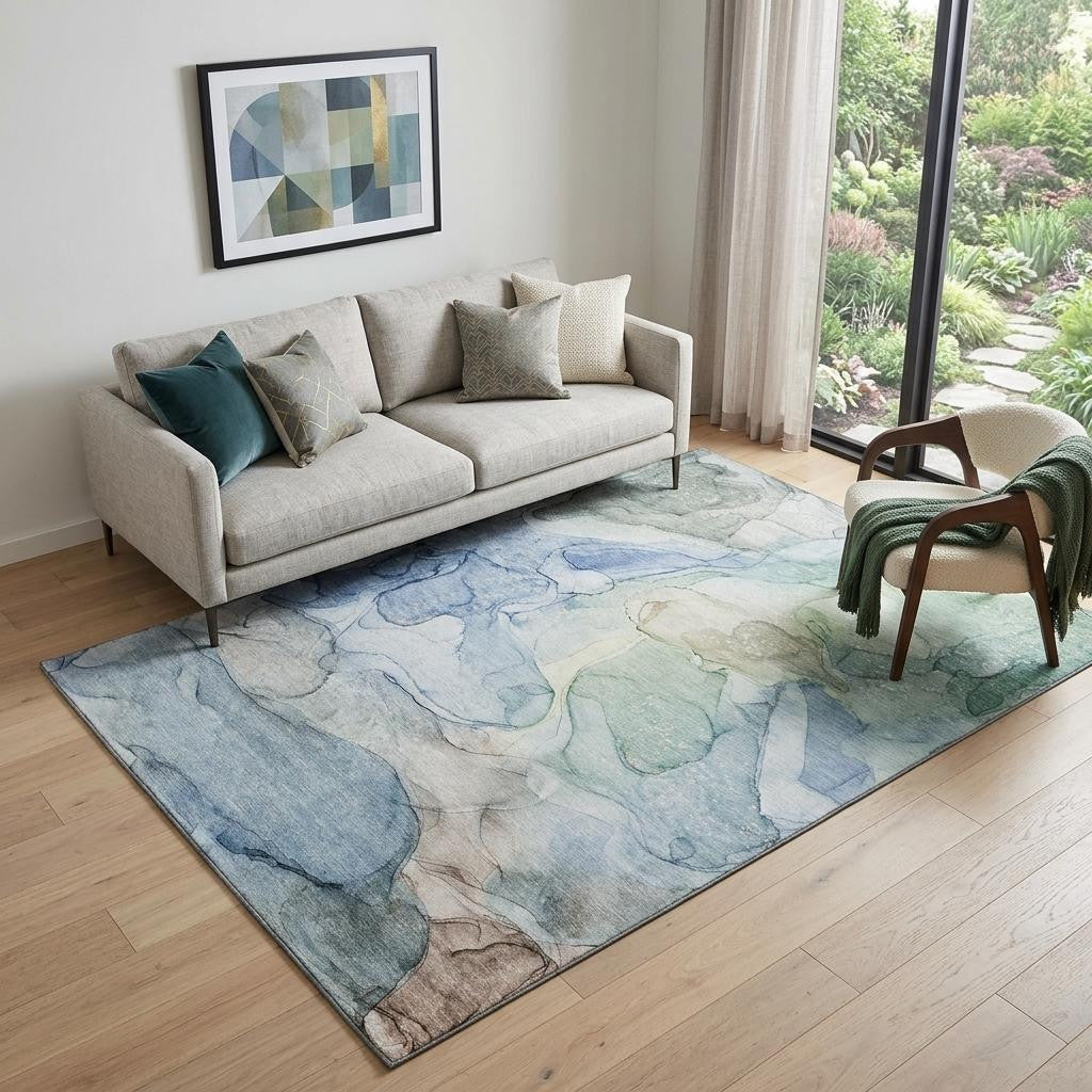 5' X 8' Blue And Ivory Abstract Washable Area Rug With UV Protection - Home & Garden