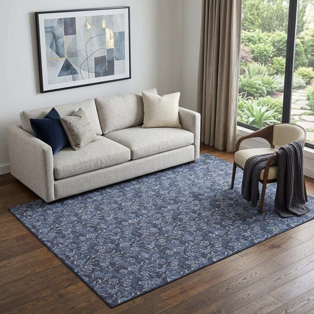 5' X 8' Navy Blue And Ivory Floral Washable Area Rug With UV Protection - Home & Garden