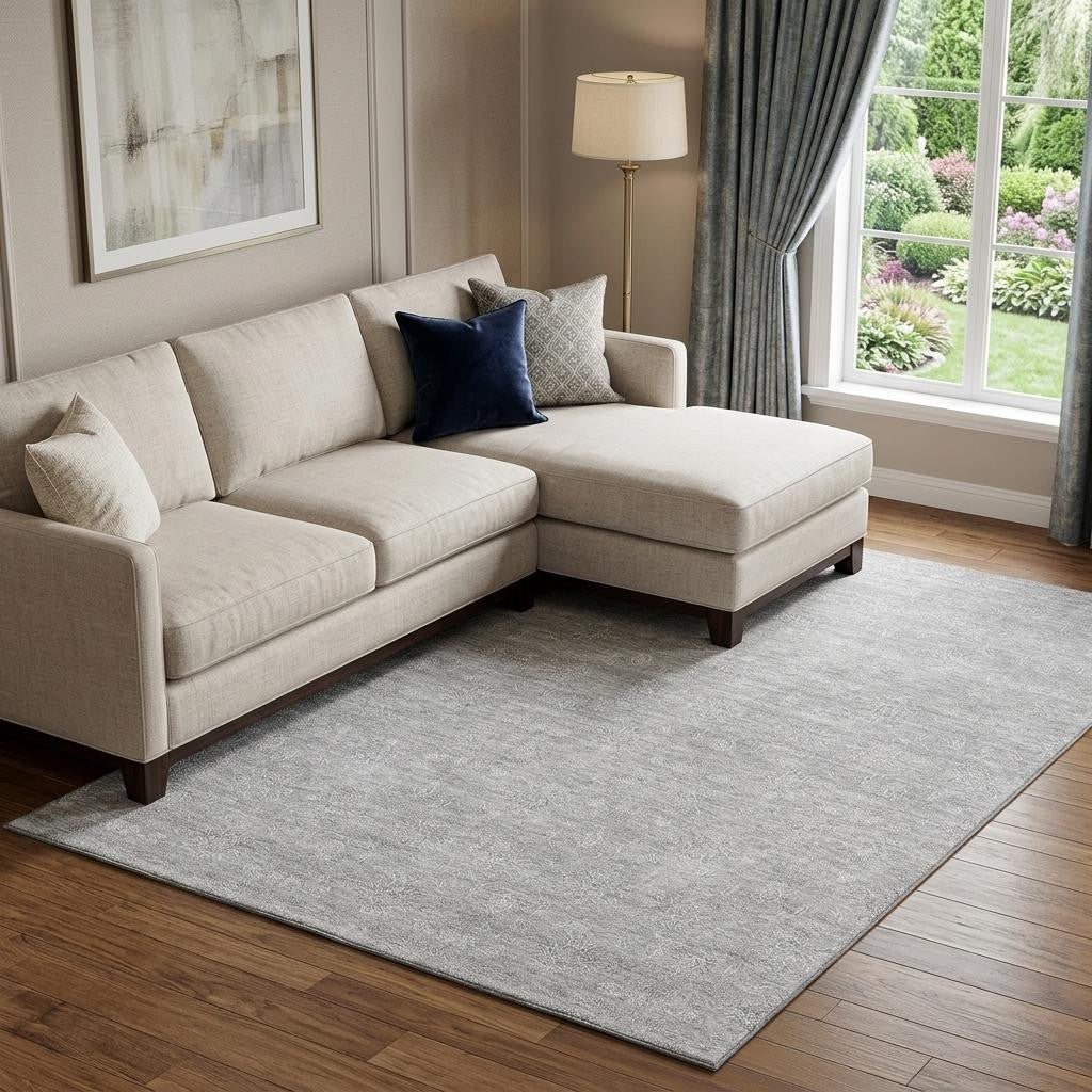 10' X 14' Silver And Gray Floral Washable Area Rug With UV Protection - Home & Garden