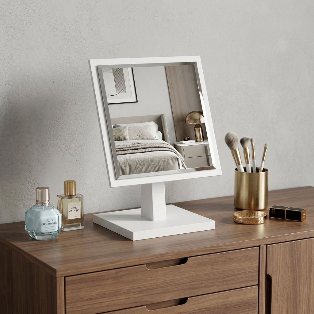 9" White Wood Square Freestanding Framed Makeup Shaving Tabletop Mirror - Bed & Bath