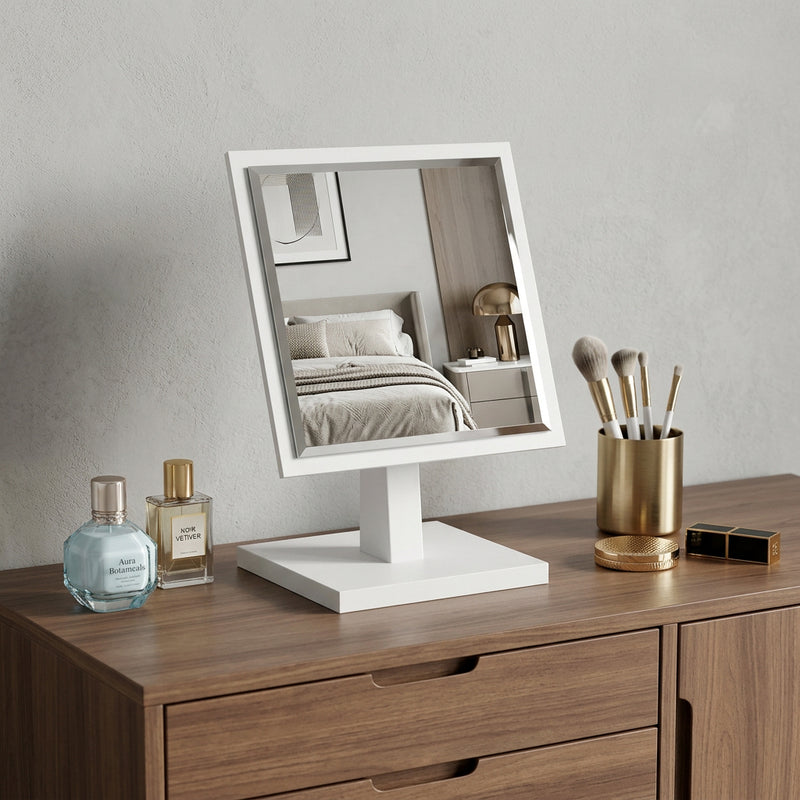 9" White Wood Square Freestanding Framed Makeup Shaving Tabletop Mirror - Bed & Bath