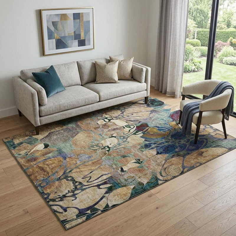 5' X 8' Beige Blue And Purple Abstract Distressed Washable Area Rug With UV Protection - Home & Garden