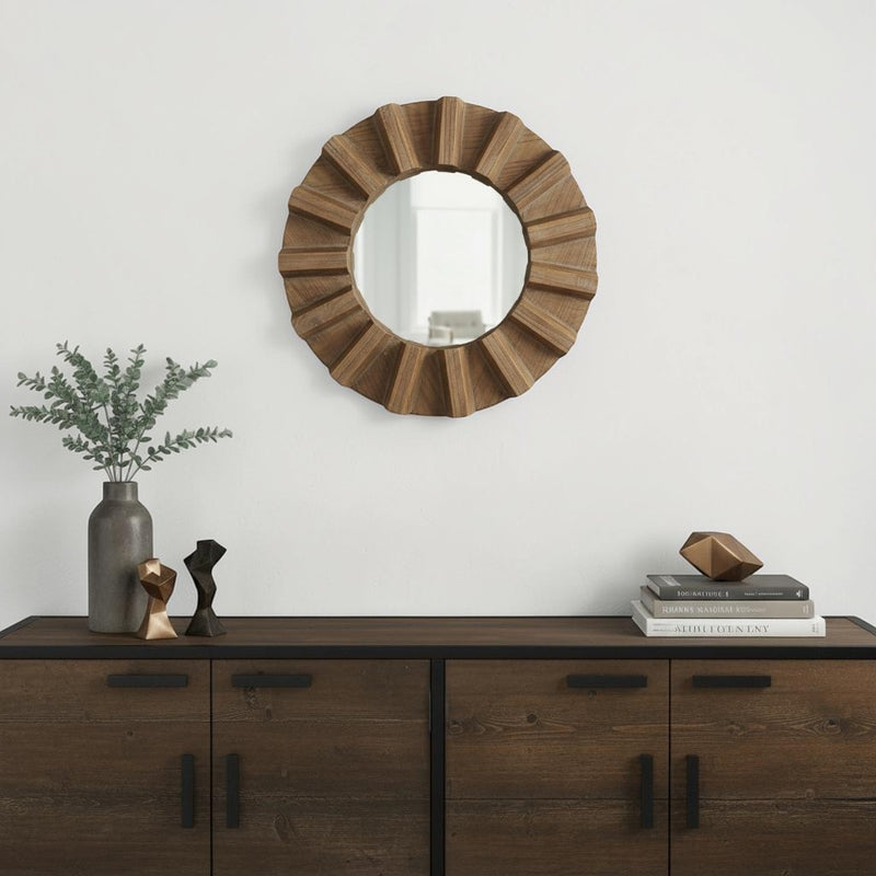 17" Brown Solid Wood Round Geometric Framed Accent Mirror - Bed & Bath