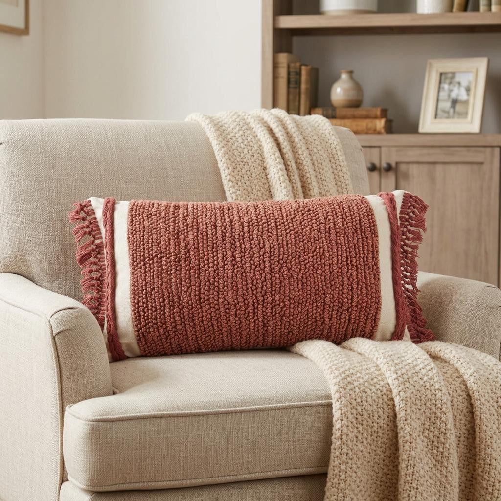 14" X 26" Rust And Off White Braided Cotton Throw Pillow - Home & Garden