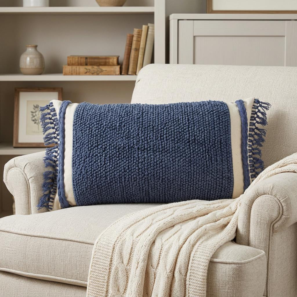 14" X 26" Navy Blue And Off White Braided Cotton Throw Pillow - Home & Garden