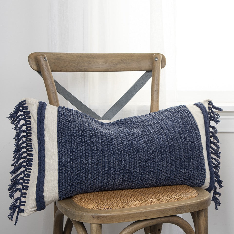 14" X 26" Navy Blue And Off White Braided Cotton Throw Pillow - Home & Garden