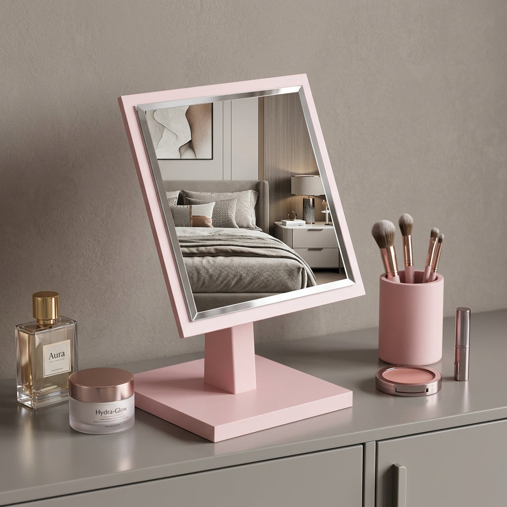 9" Pink Wood Square Freestanding Framed Makeup Shaving Tabletop Mirror - Bed & Bath