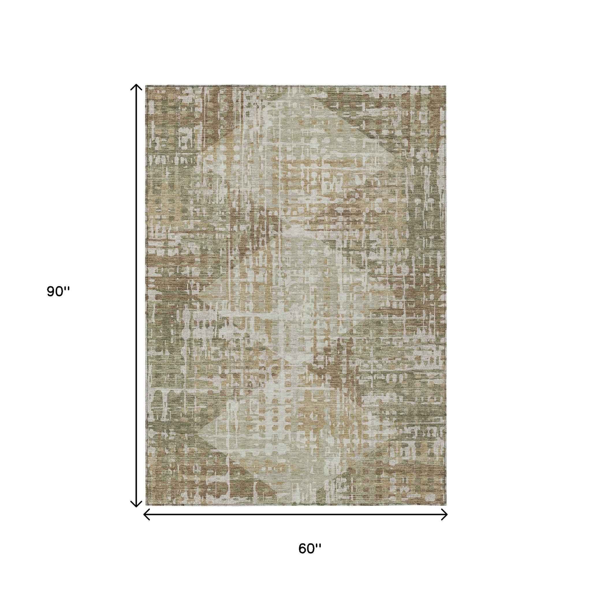 5' X 8' Fern Green And Beige Geometric Washable Indoor Outdoor Area Rug