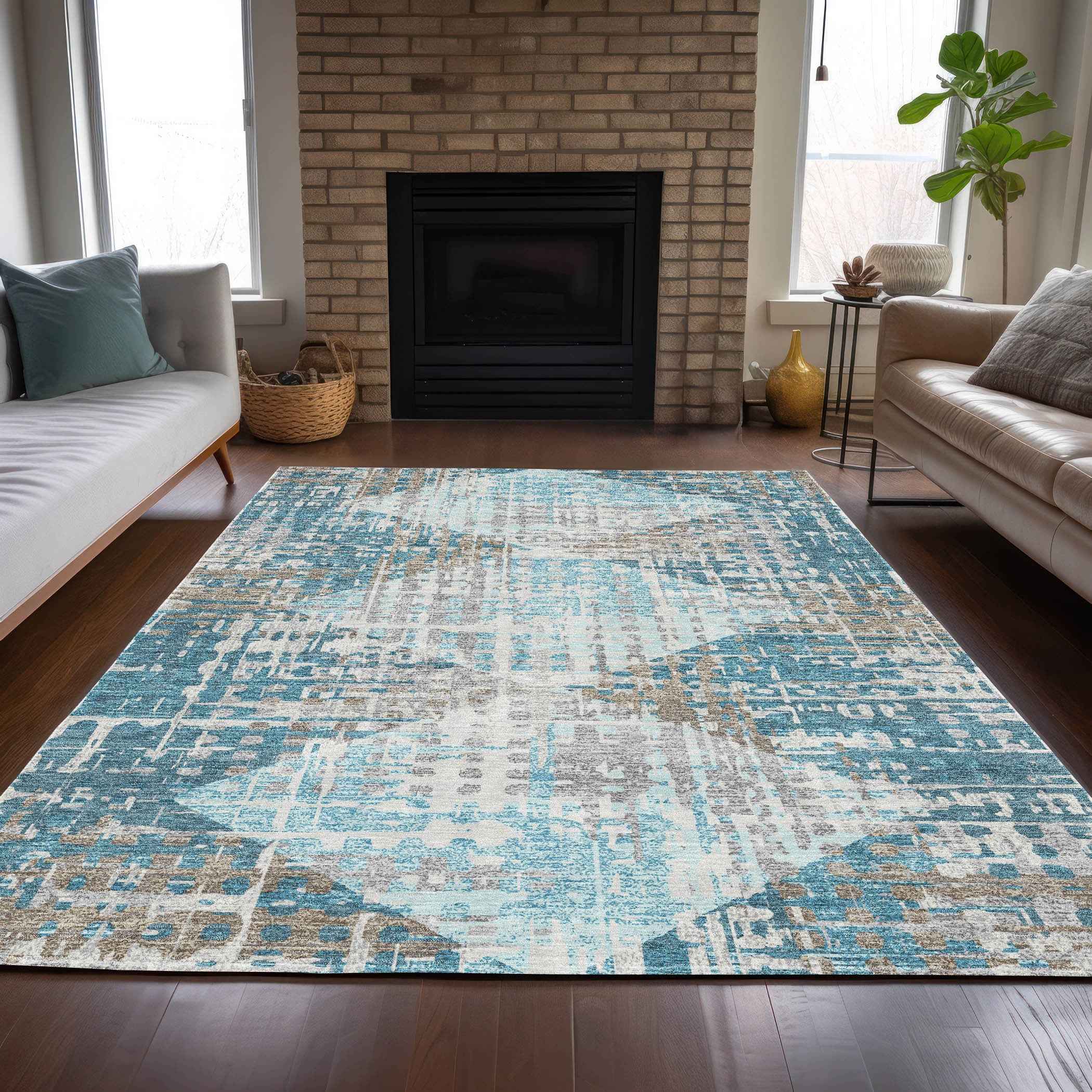 10' X 14' Teal Blue And Beige Geometric Washable Indoor Outdoor Area Rug
