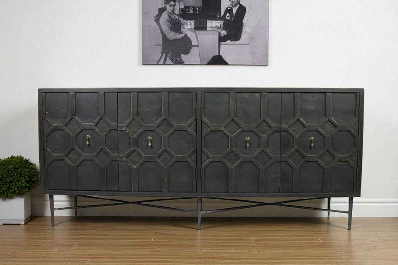 71" Brown Distressed Solid Wood Carved Geometric Sideboard with Four Doors
