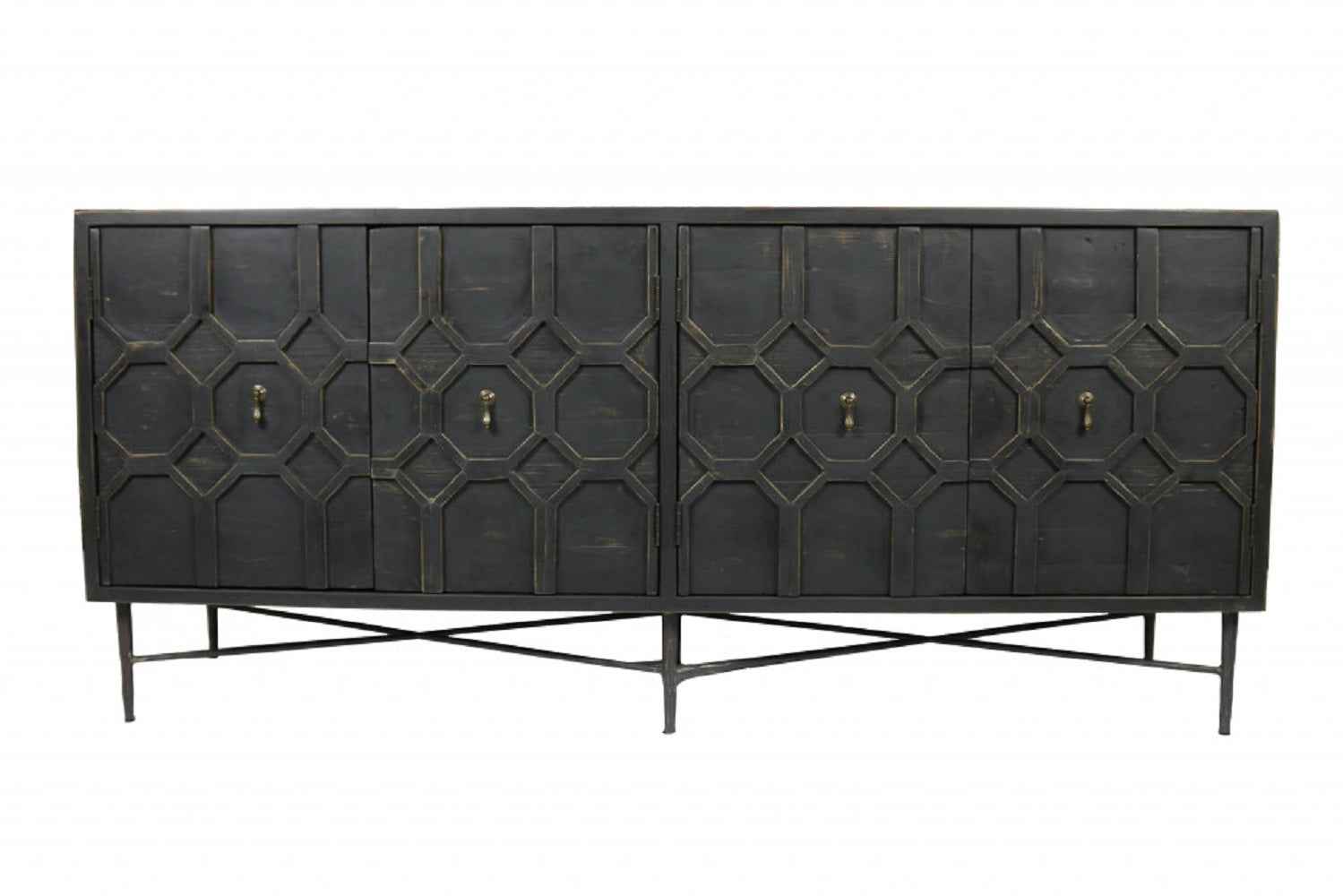 71" Brown Distressed Solid Wood Carved Geometric Sideboard with Four Doors