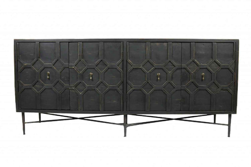 71" Brown Distressed Solid Wood Carved Geometric Sideboard with Four Doors