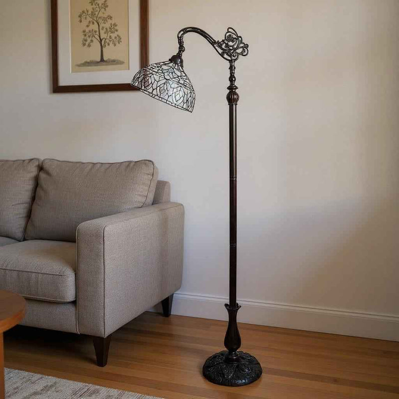 62" Brown And White Torchiere Floor Lamp With White Peacock Feather Glass Dome Shade