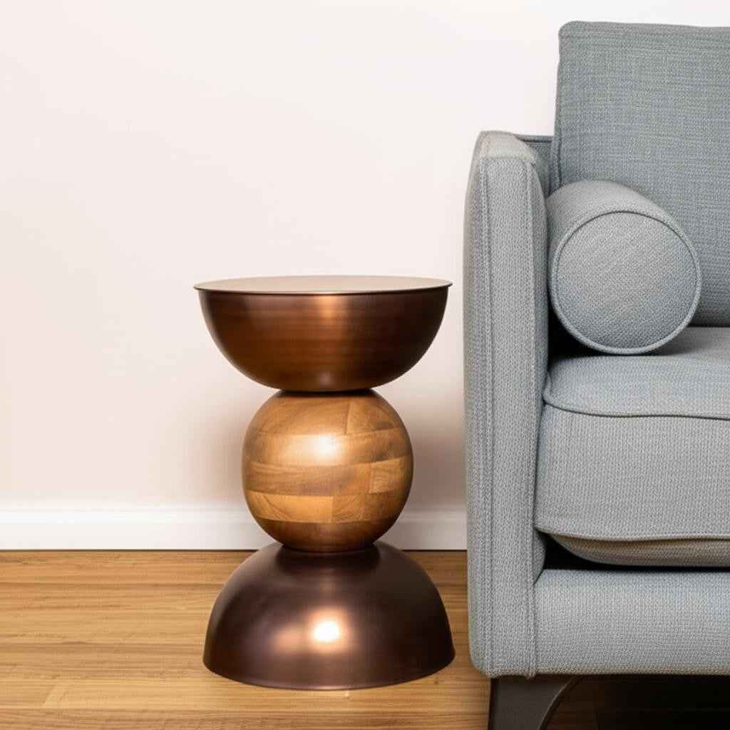 20" Bronze and Brown Iron and Solid Wood Round Pedestal End Table