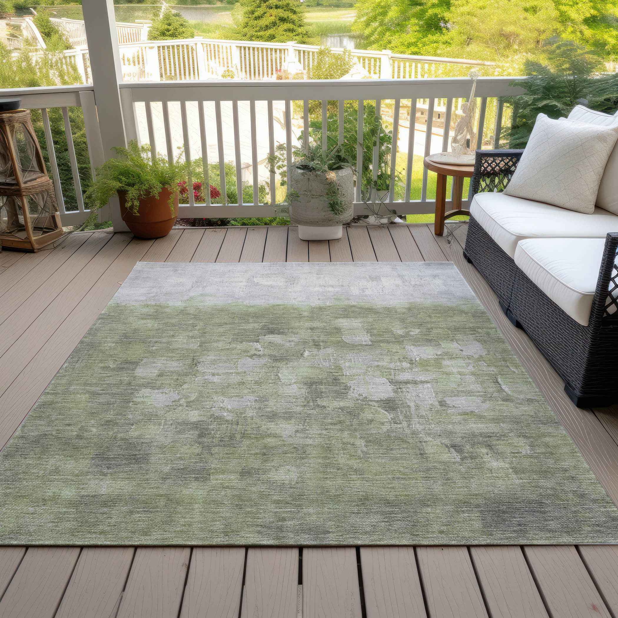 3' X 5' Fern Green And Silver Abstract Washable Indoor Outdoor Area Rug