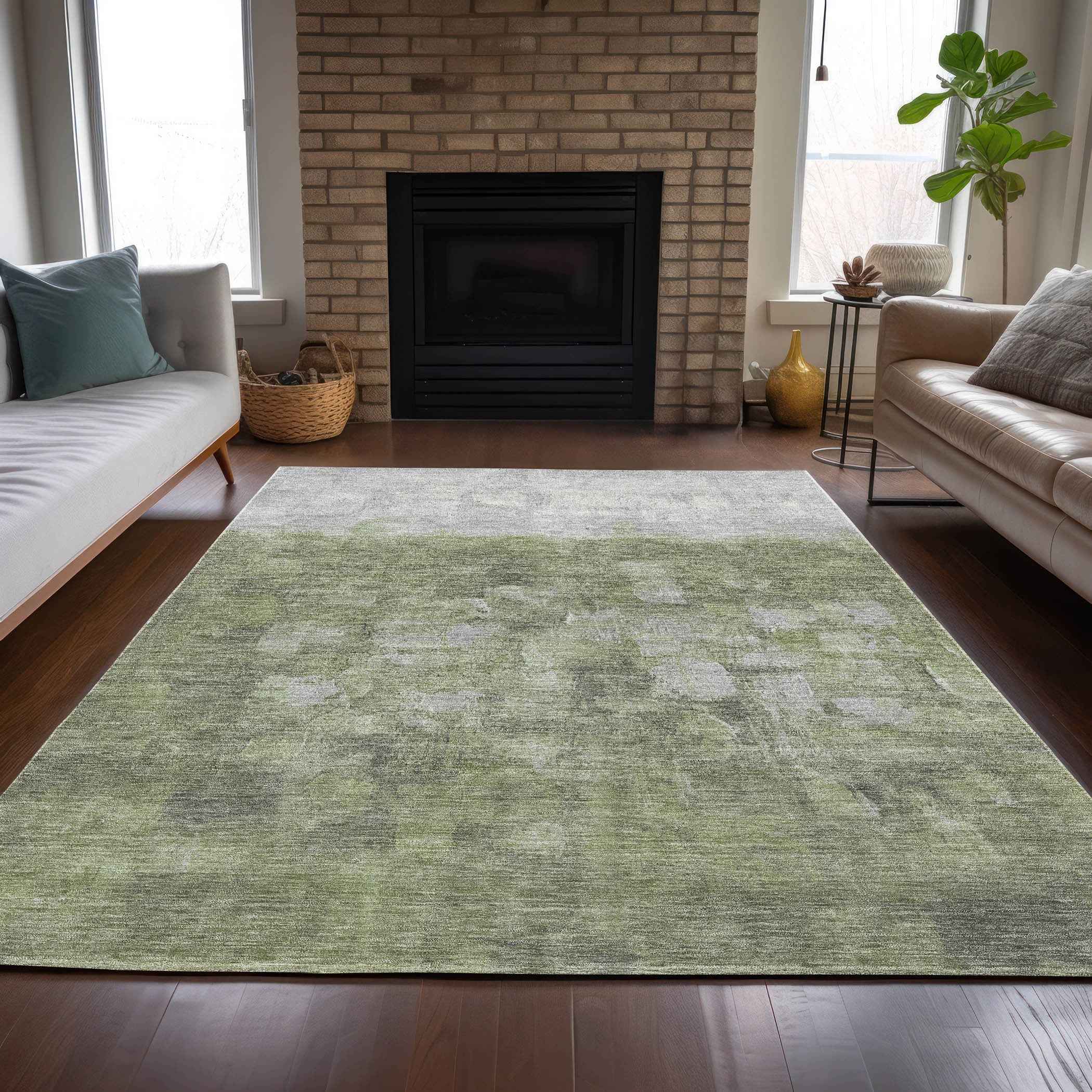 3' X 5' Fern Green And Silver Abstract Washable Indoor Outdoor Area Rug