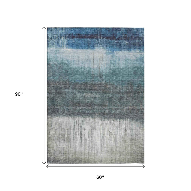 5' X 8' Blue And Gray Abstract Washable Indoor Outdoor Area Rug