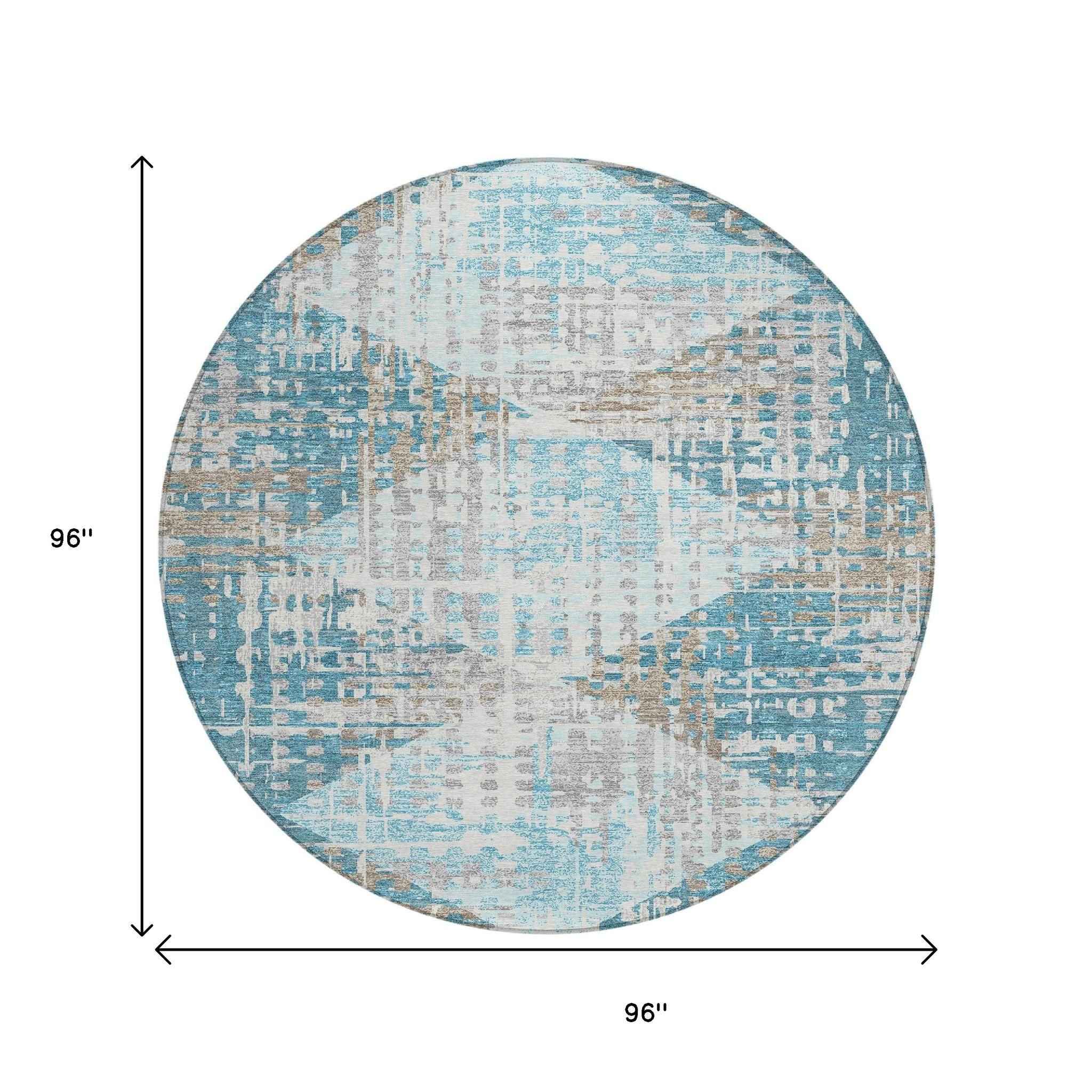 8' Teal Blue And Beige Round Geometric Washable Indoor Outdoor Area Rug