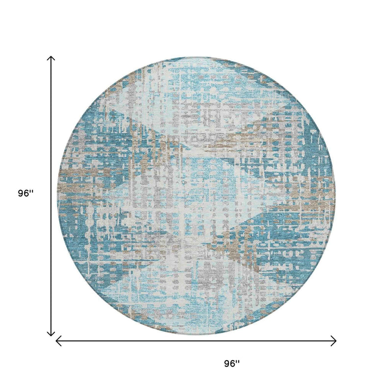 8' Teal Blue And Beige Round Geometric Washable Indoor Outdoor Area Rug