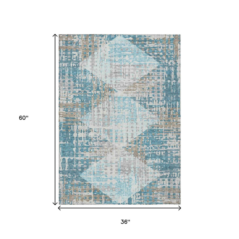 3' X 5' Teal Blue And Beige Geometric Washable Indoor Outdoor Area Rug