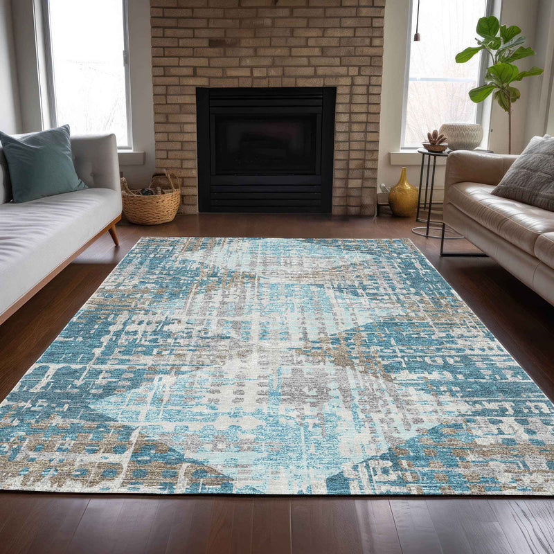3' X 5' Teal Blue And Beige Geometric Washable Indoor Outdoor Area Rug
