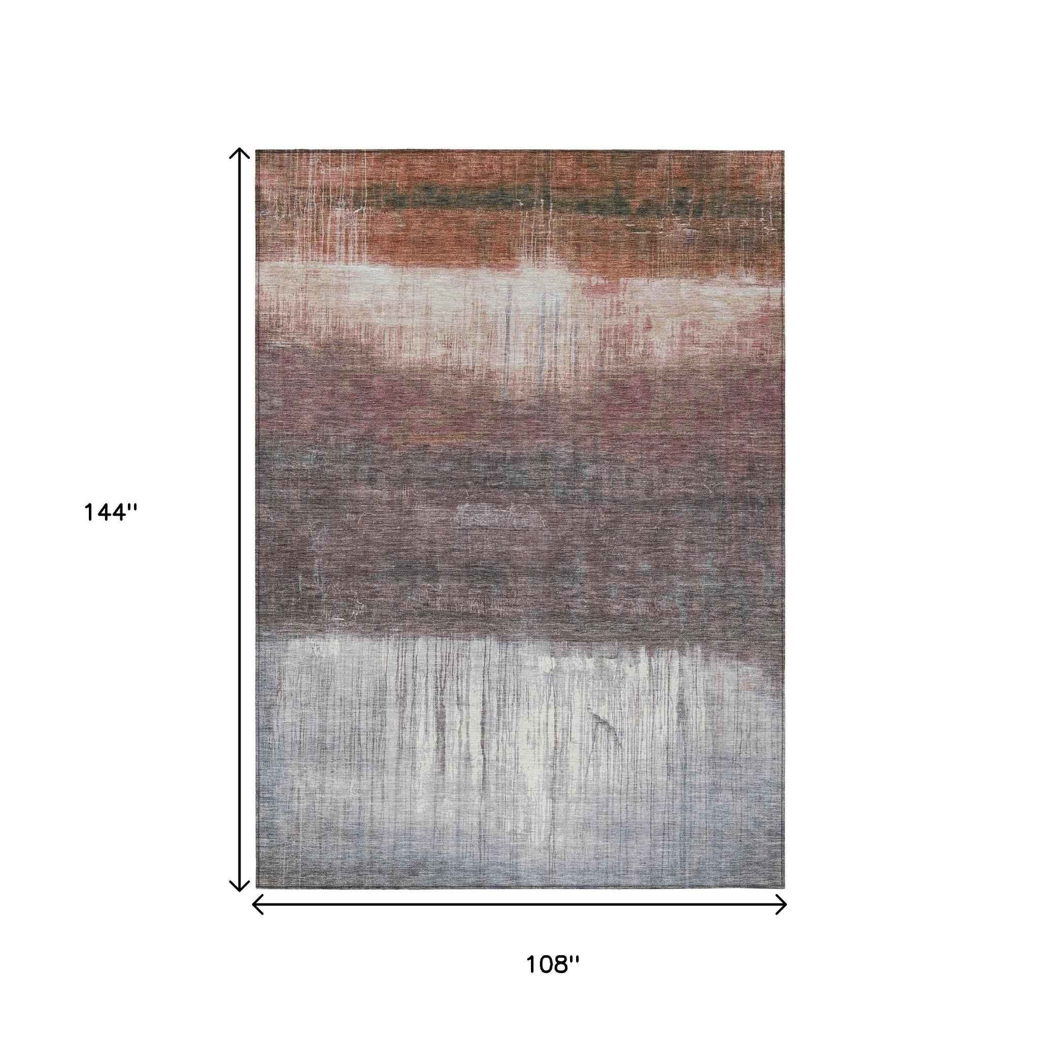 9' X 12' Rust And Ivory Abstract Washable Indoor Outdoor Area Rug