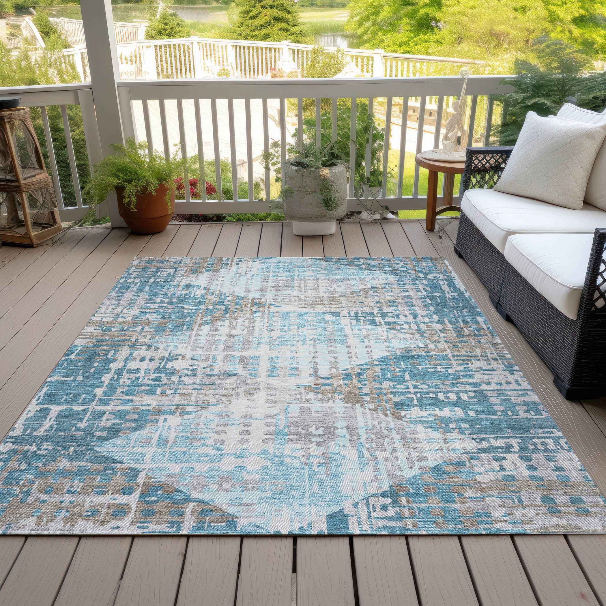9' X 12' Teal Blue And Beige Geometric Washable Indoor Outdoor Area Rug