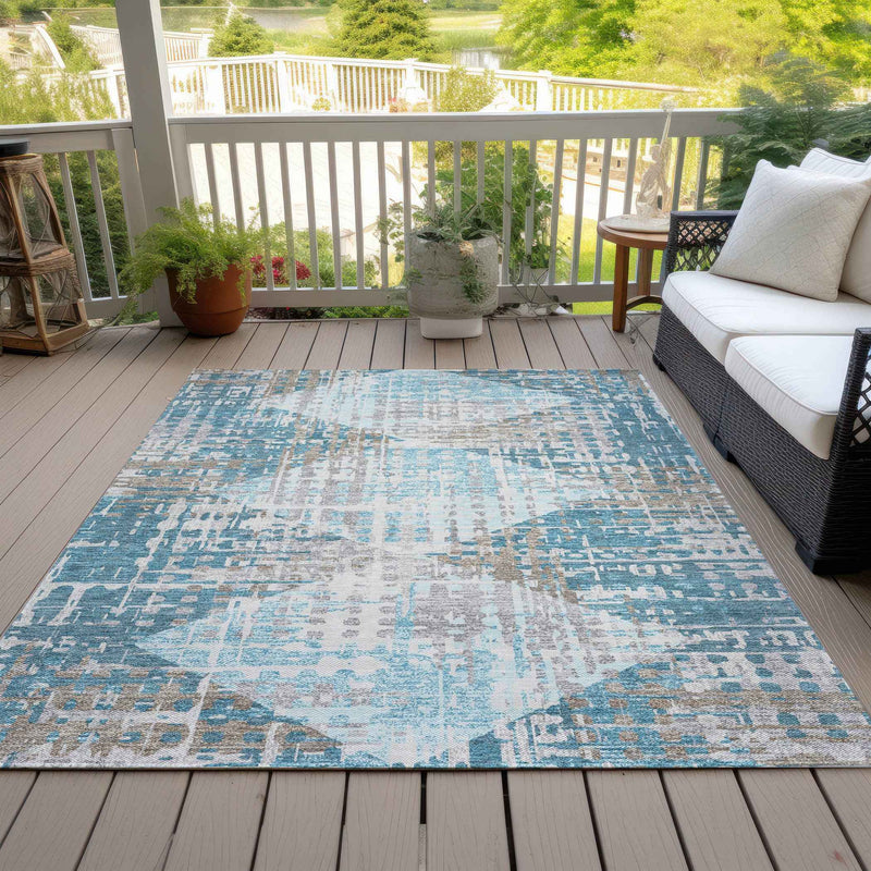 9' X 12' Teal Blue And Beige Geometric Washable Indoor Outdoor Area Rug