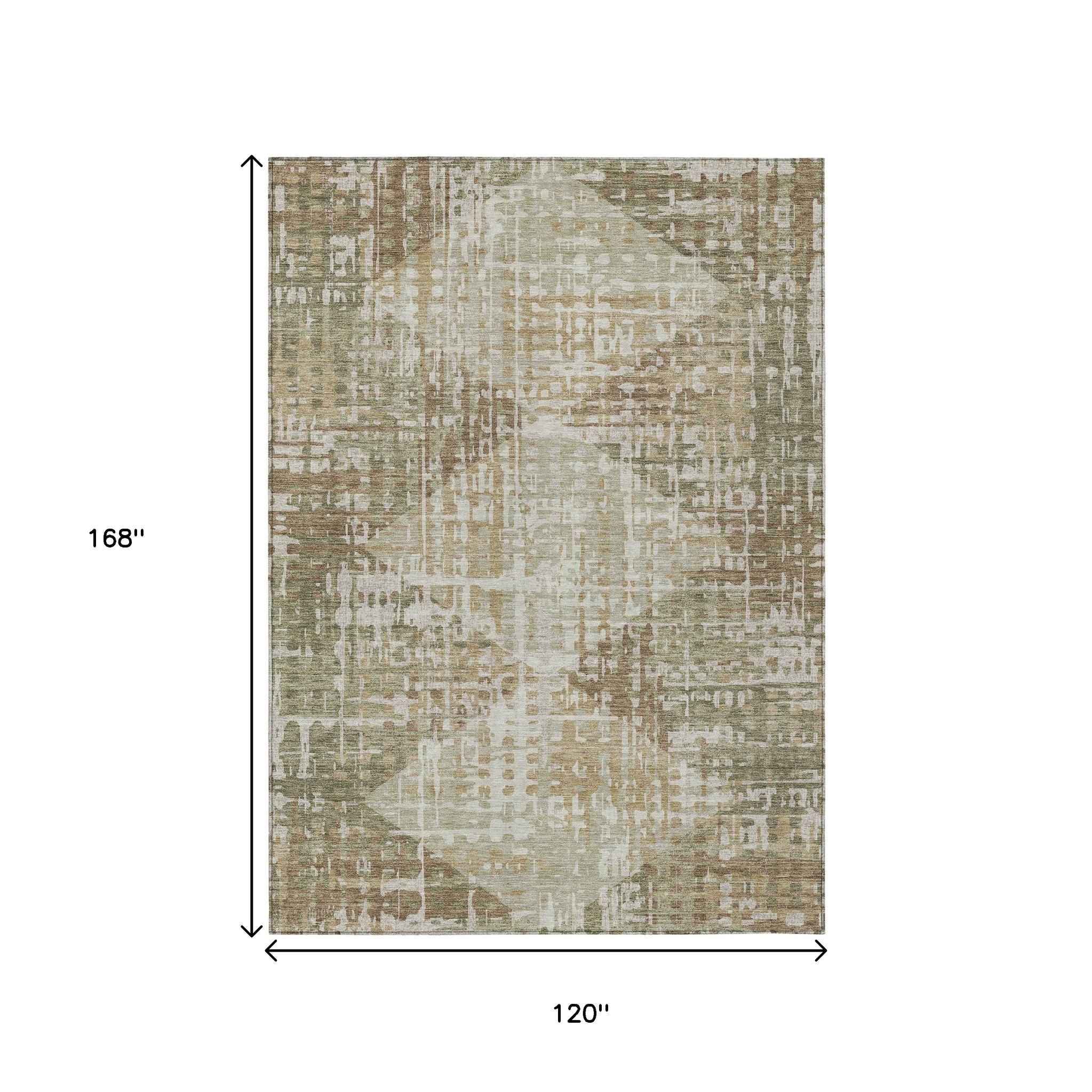 10' X 14' Fern Green And Beige Geometric Washable Indoor Outdoor Area Rug