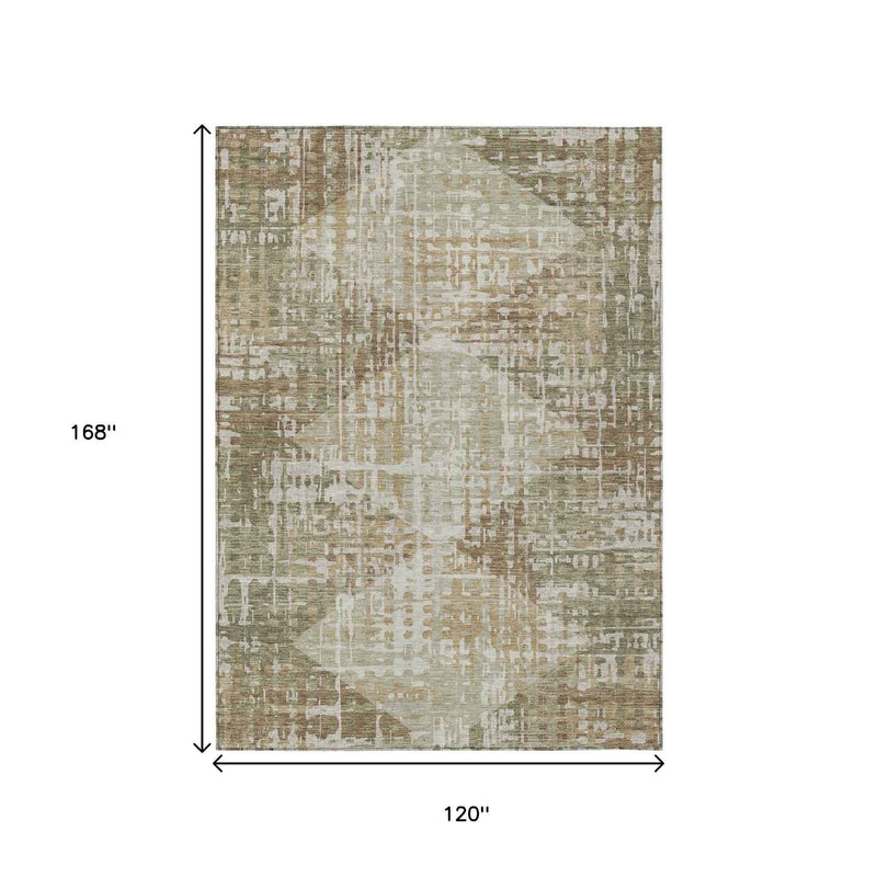 10' X 14' Fern Green And Beige Geometric Washable Indoor Outdoor Area Rug