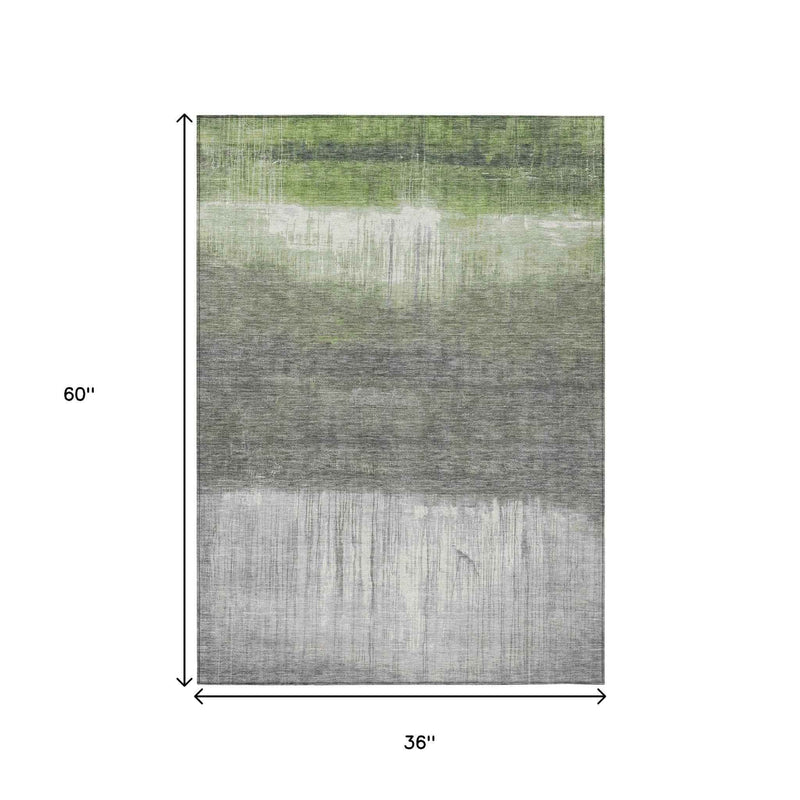 3' X 5' Fern Green And Gray Abstract Washable Indoor Outdoor Area Rug