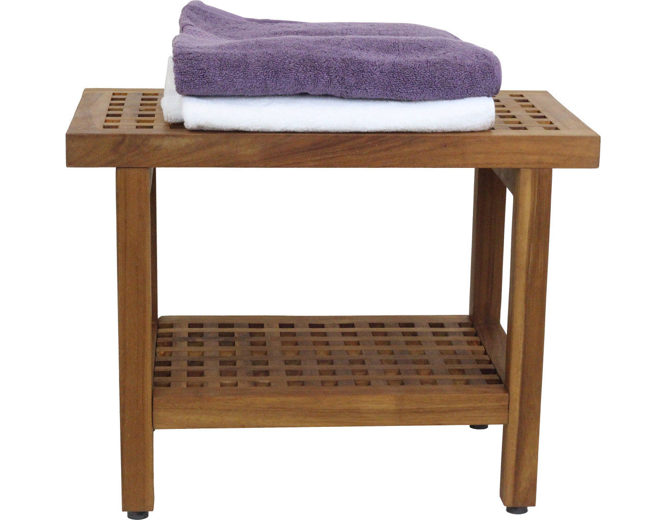 Brown teak shower bench with slatted top, lower shelf, and two stacked towels