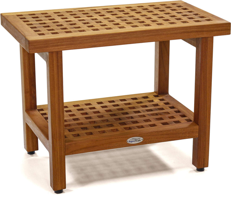 Brown teak rectangular shower bench with slatted top and bottom shelf