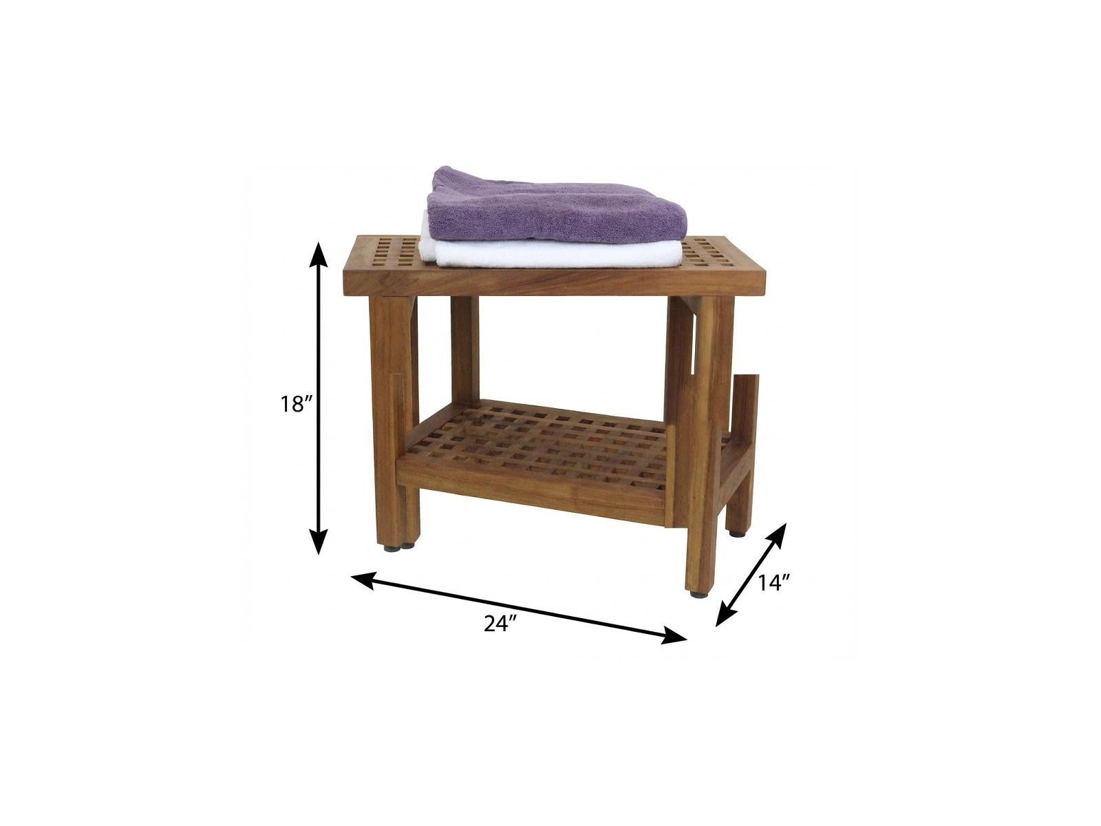 Brown teak shower bench dimensions: 24 in wide, 18 in high, 14 in deep