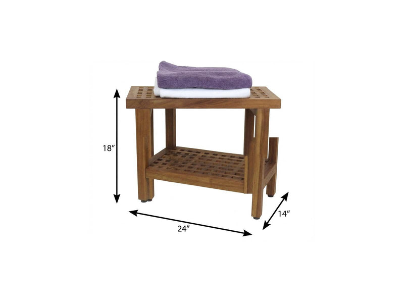 Brown teak shower bench dimensions: 24 in wide, 18 in high, 14 in deep