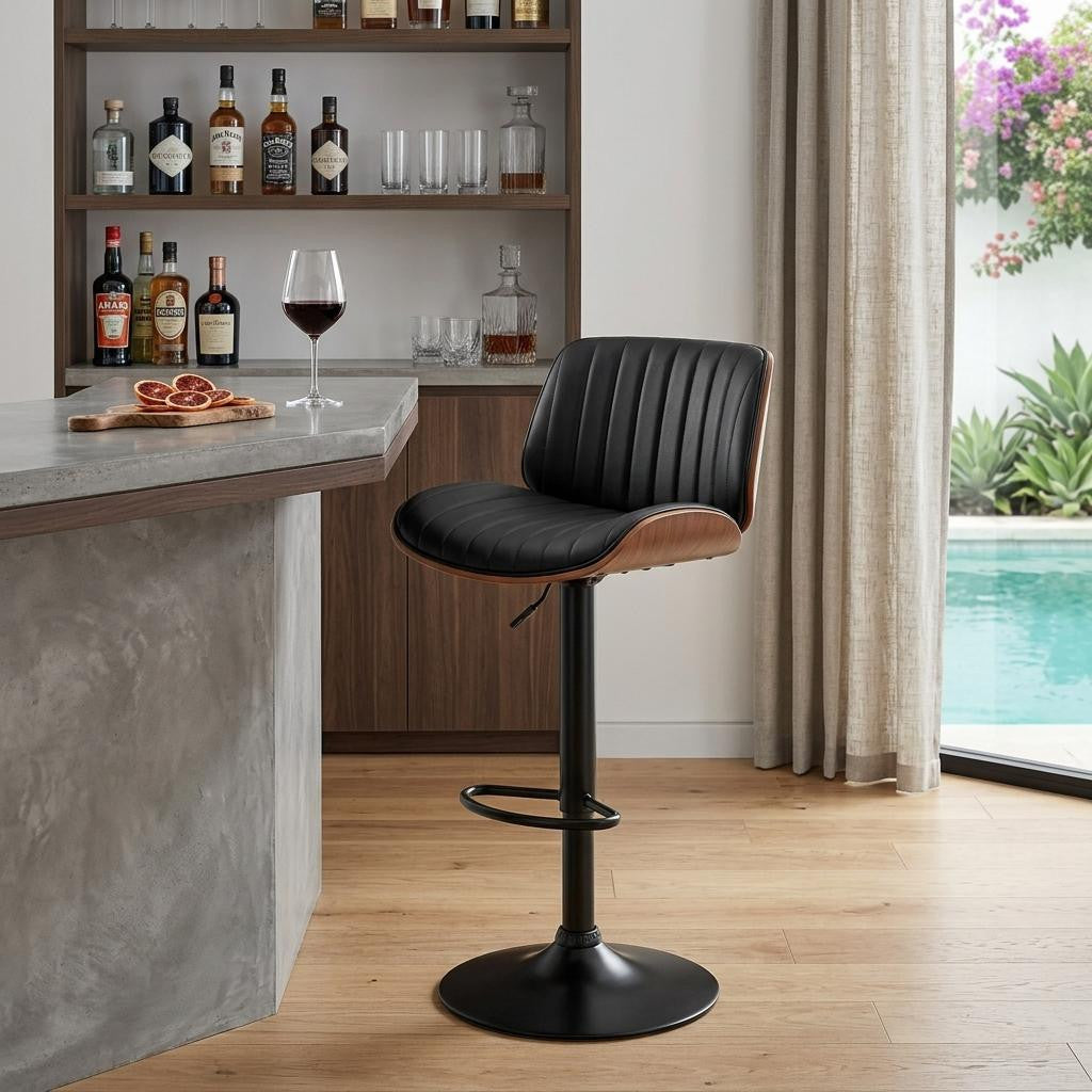 Brown Dark Gray And Black Faux Leather And Iron Adjustable Height Swivel Bar Chair - Living Room