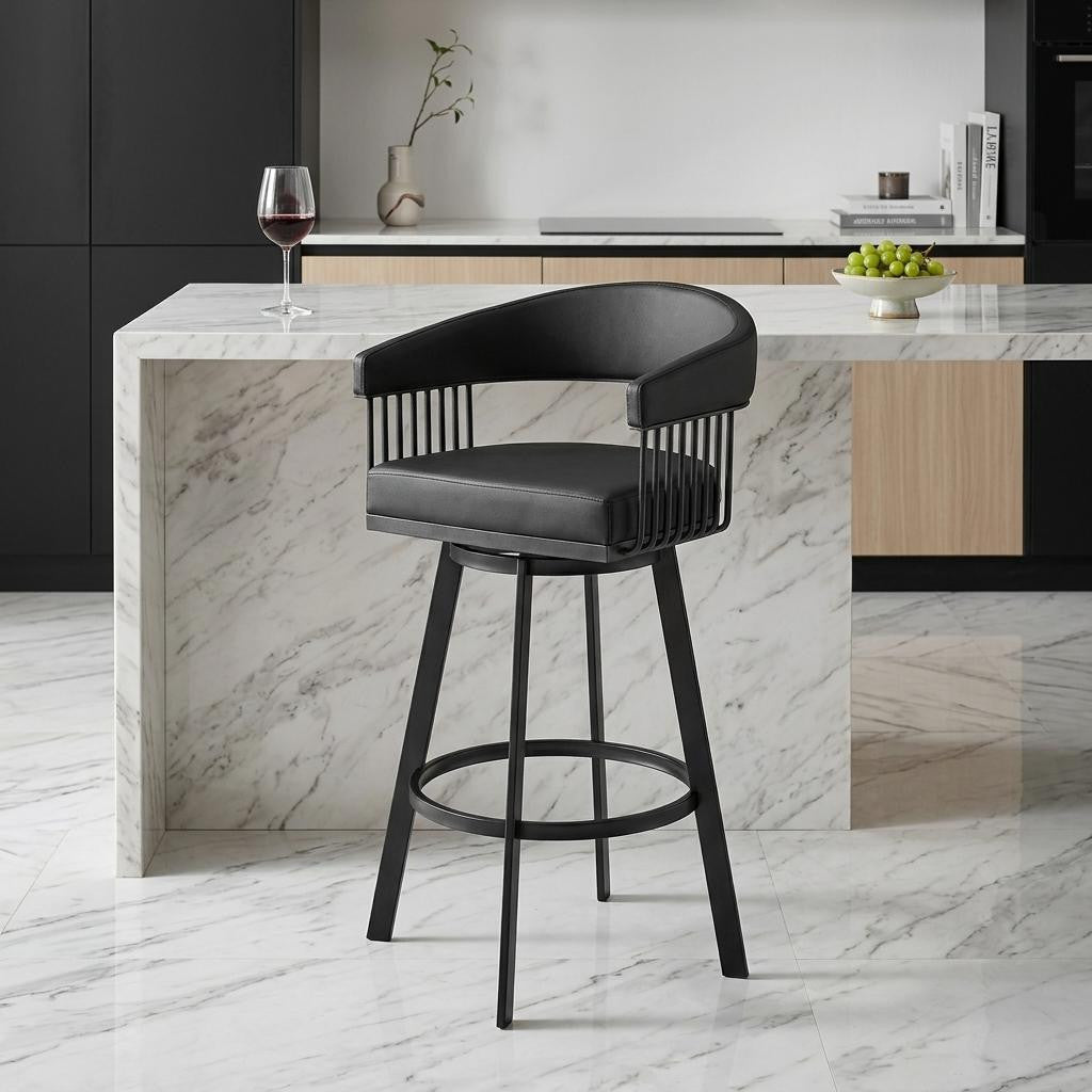 26" Black Faux Leather And Iron Low Back Counter Height Swivel Bar Chair - Living Room