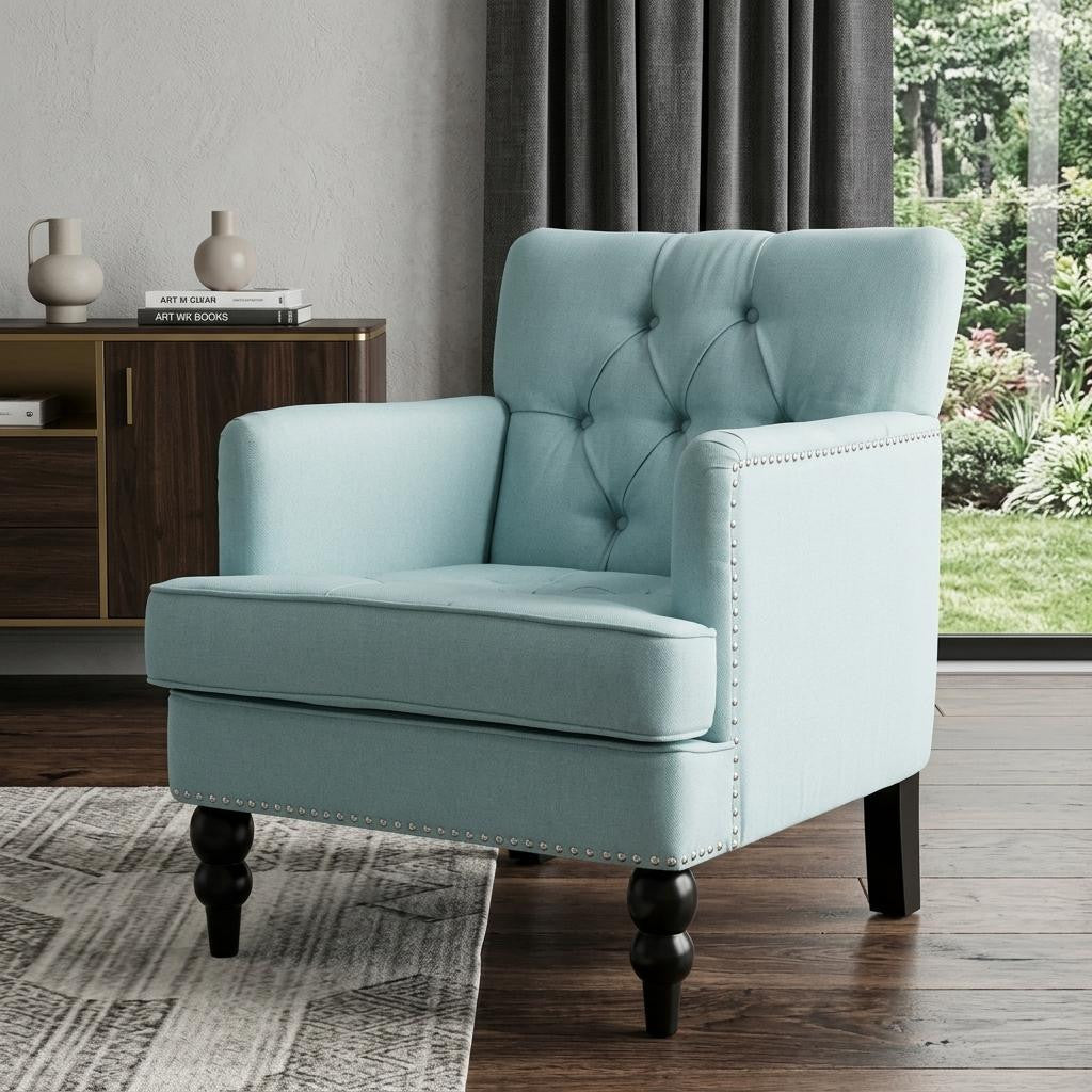 28" Light Blue And Black Fabric And Wood Club Chair - Living Room