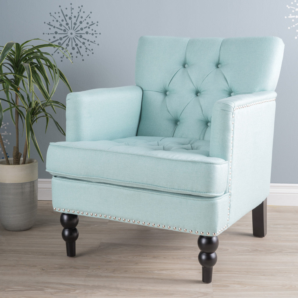 28" Light Blue And Black Fabric And Wood Club Chair - Living Room