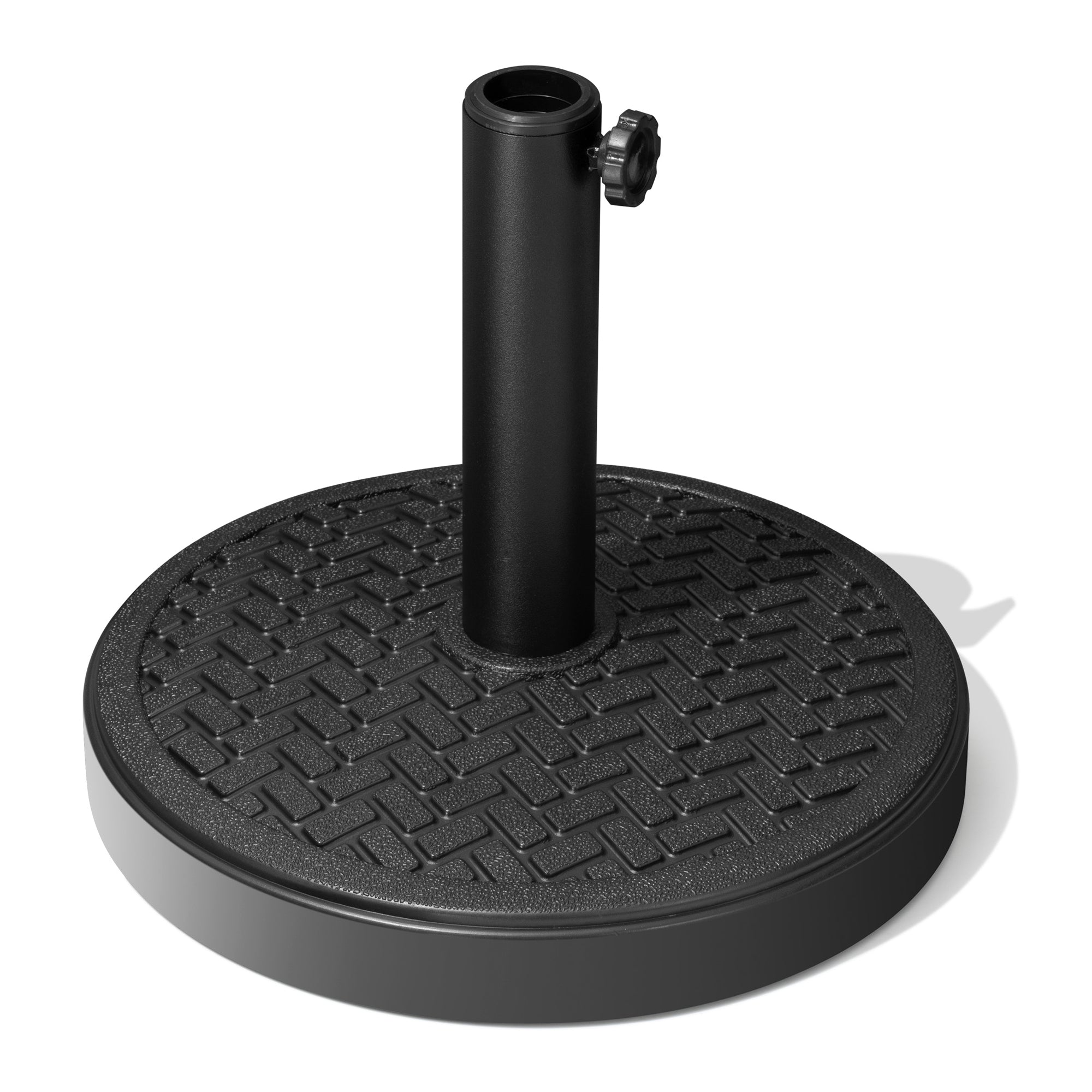 Black umbrella in-ground base with textured round plate and upright steel pole