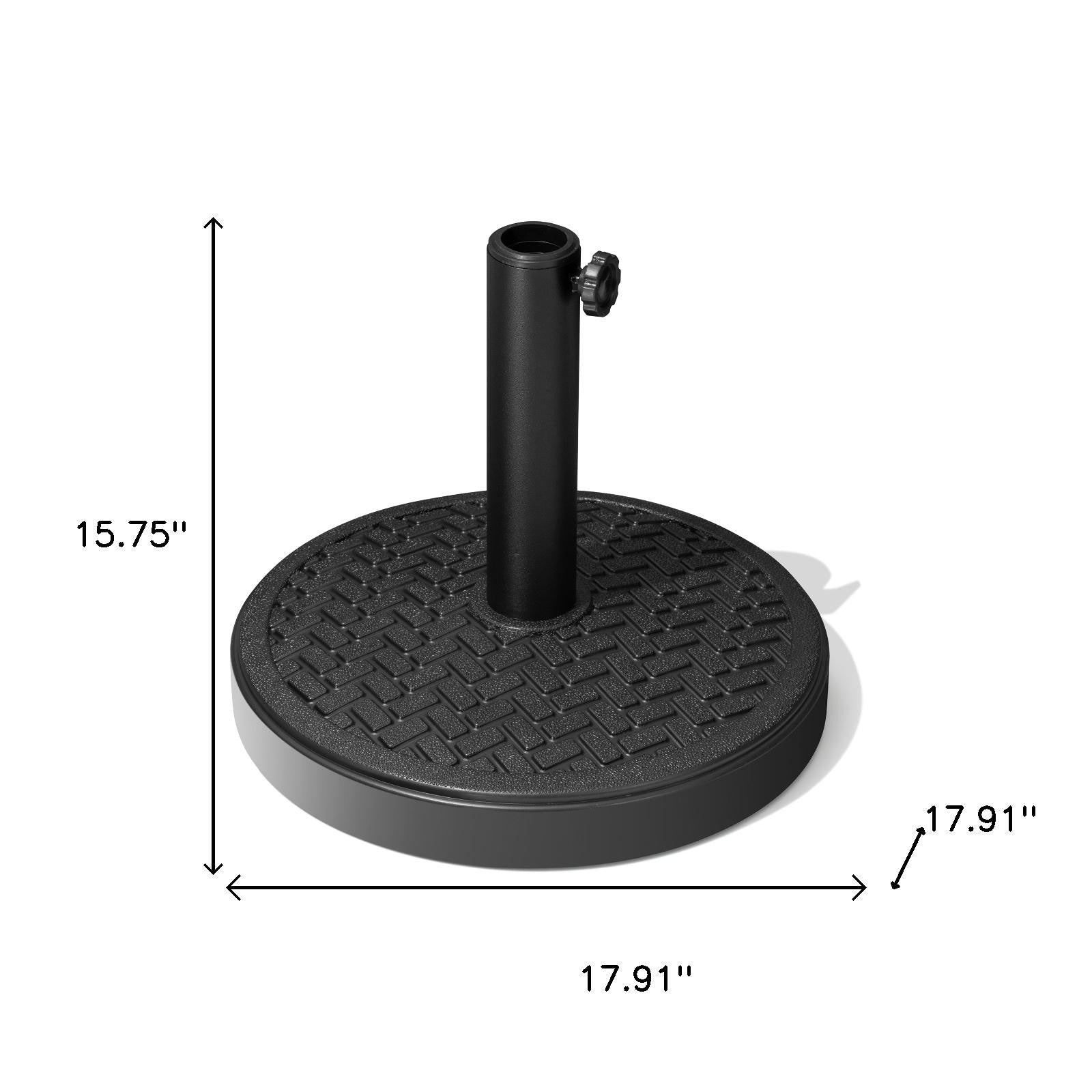 Black umbrella base with upright post and side adjustment clamp; size diagram shown