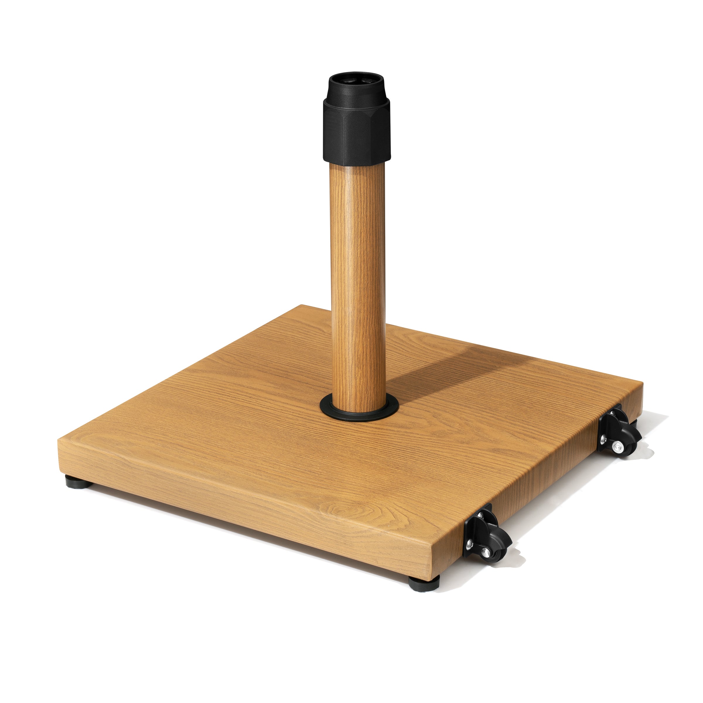 Wood-look umbrella base with wheels, in-ground pole socket, light brown
