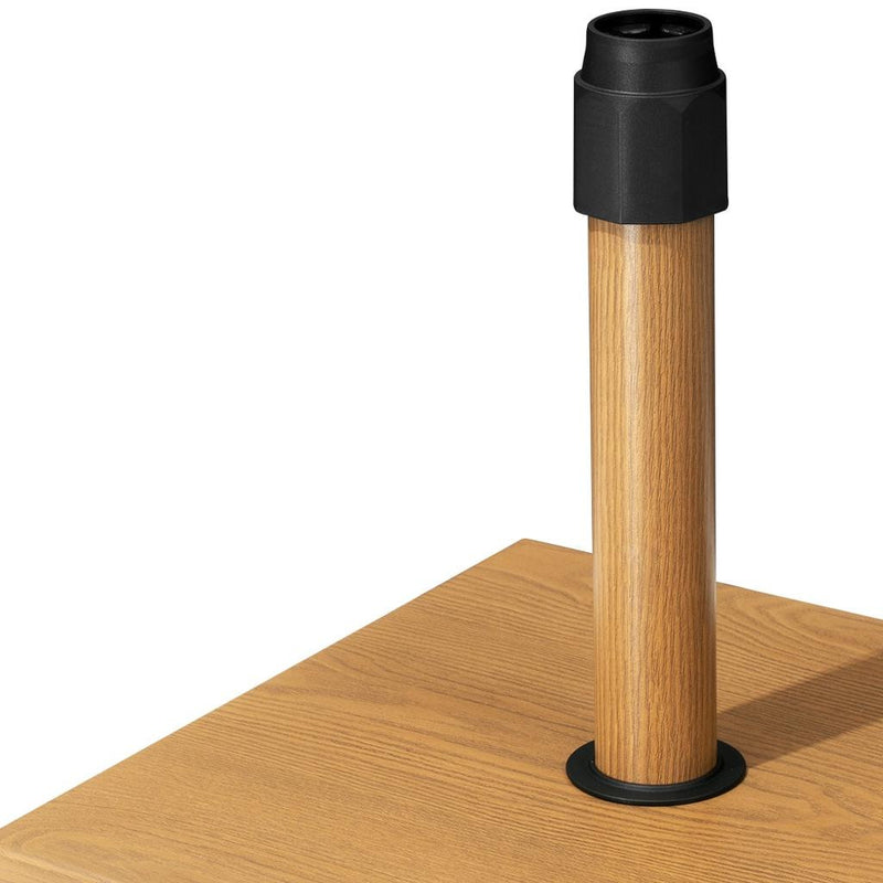 Light brown pole and black socket on square wood-look umbrella base