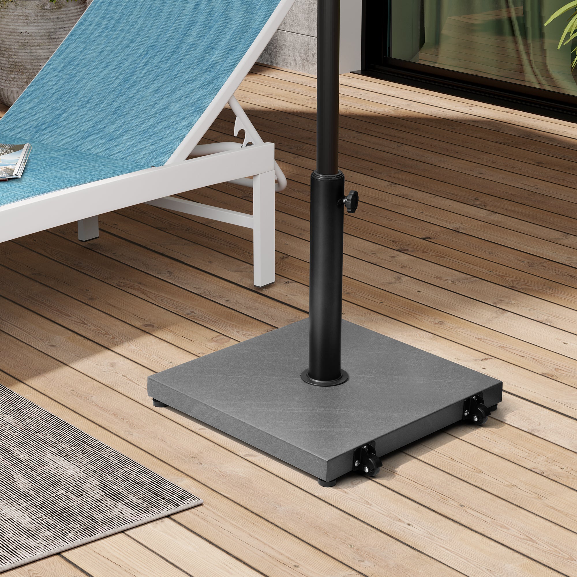 Steel umbrella base with gray square base, black pole, and rolling wheels