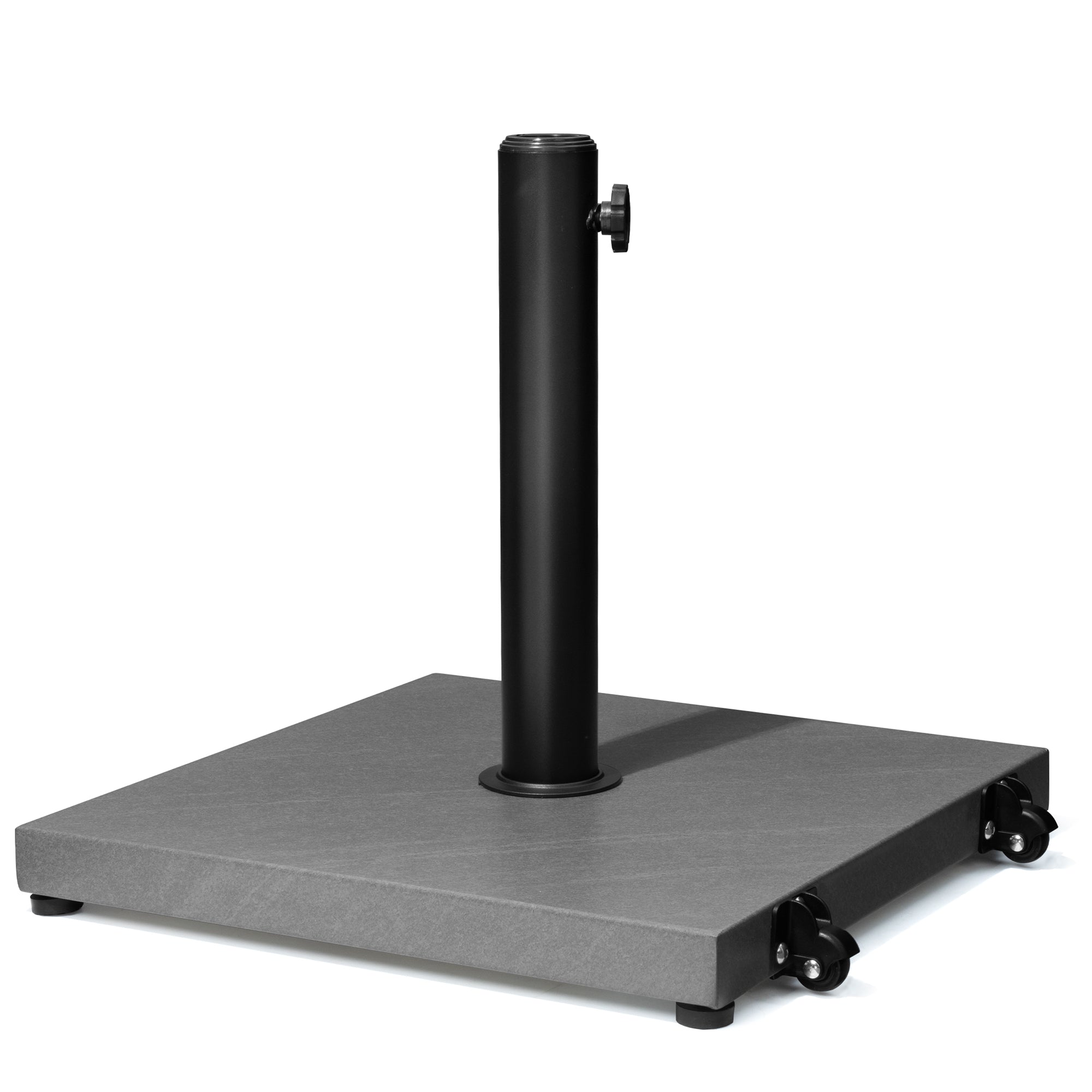 Umbrella base stand with black vertical post and gray square footing on wheels