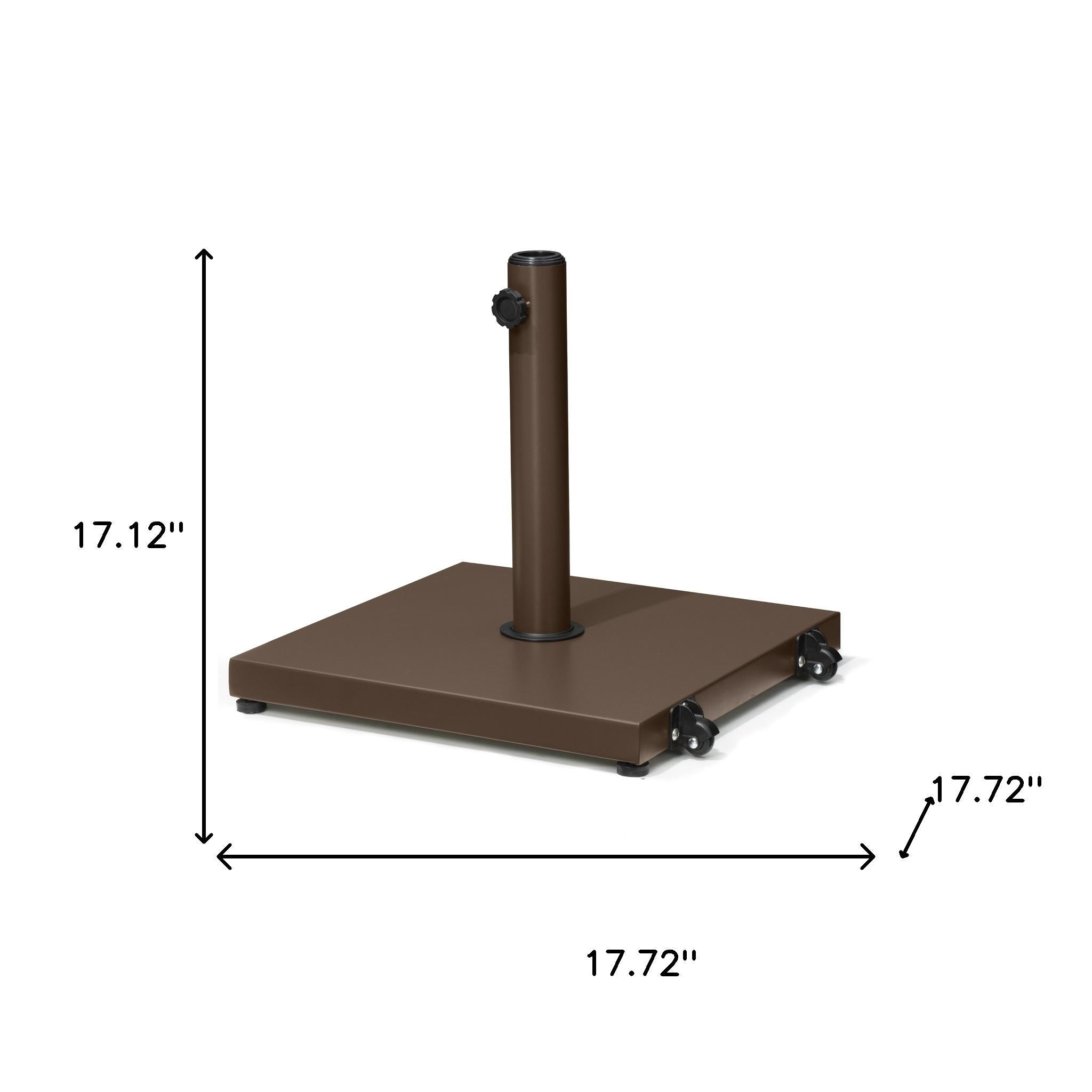 Brown steel in-ground umbrella base with wheels and central pole, adjustable hardware