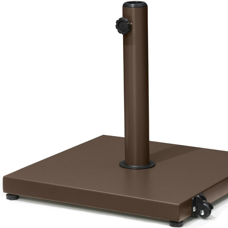 Brown steel in-ground umbrella base with central pole and four caster wheels