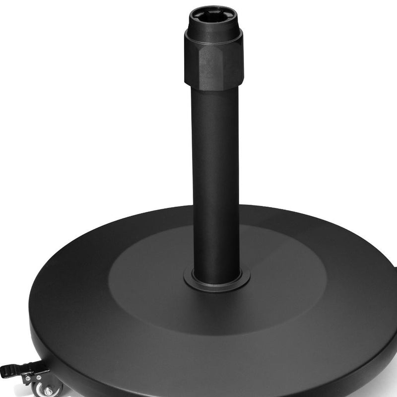 Black umbrella base with central pole and circular mounting plate